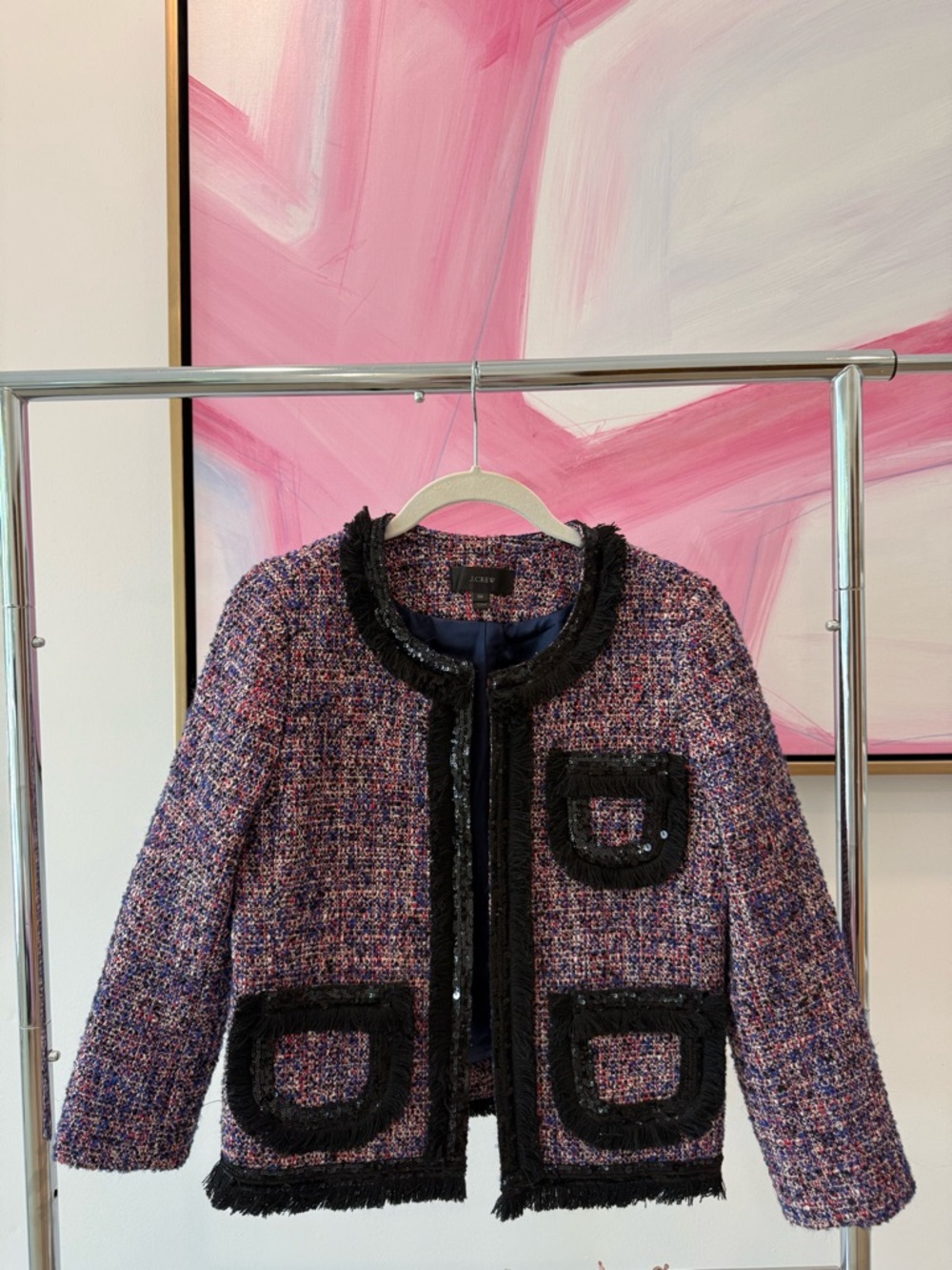 J. Crew Purple Multi Tweed Fringe Jacket, size 00